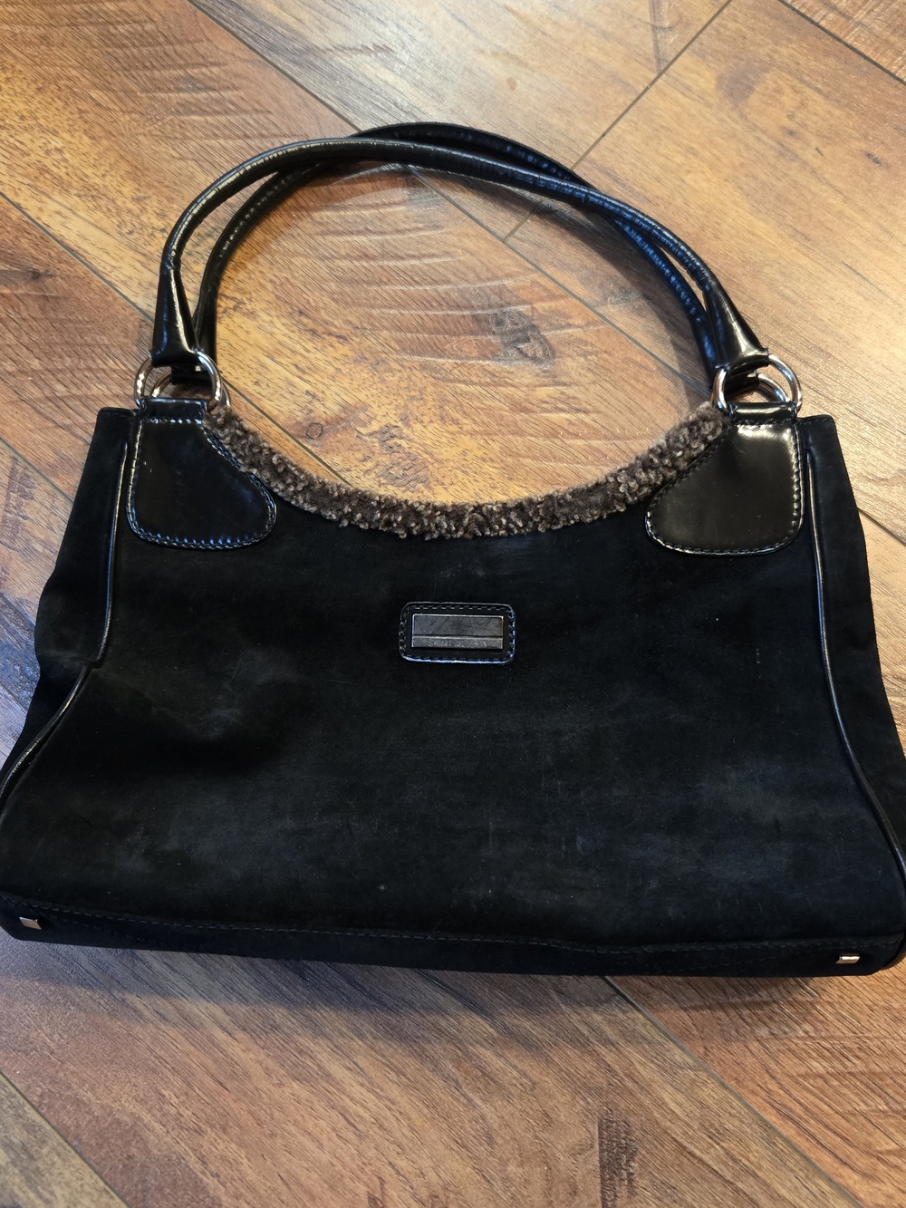 Stuart Whitman Black Suede Purse with shearling Trim